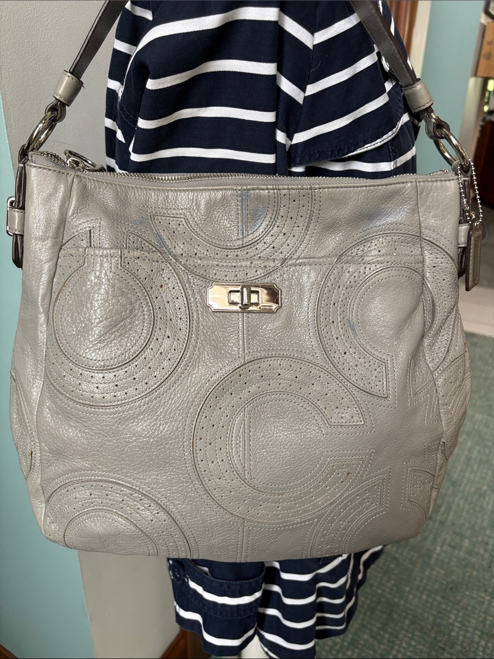 Coach Gray Shoulder Bag in laid monogram pattern perforated/Decorative Stitching